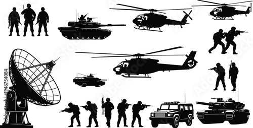Comprehensive Military Defense Silhouette Set Featuring Armed Soldiers, Battle Tanks, Attack Helicopters, Tactical Vehicles, and a Large Radar Satellite Dish Isolated on White Background.
