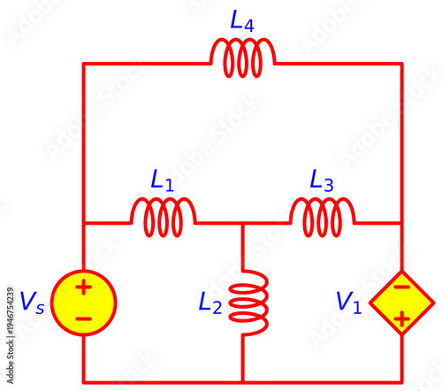 Inductor Network Circuit with Independent and Dependent Voltage Sources, Electrical Engineering Schematic Diagram for Inductance Analysis and Electronics Education