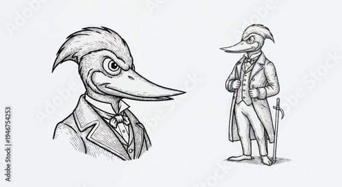 Anthropomorphic Bird Character in Formal Attire.