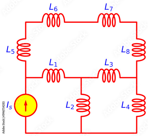 Complex Inductor Network Circuit with Independent Current Source and Multiple Inductors, Electrical Engineering Schematic Diagram for Inductance Analysis and Electronics Education