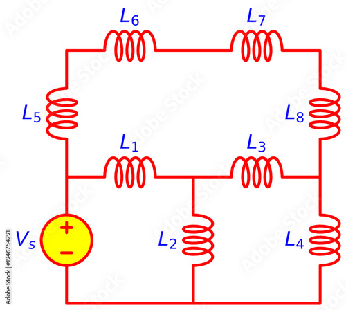 Complex Inductor Network Circuit with Multiple Inductors and Voltage Source, Electrical Engineering Schematic Diagram for Inductance Analysis and Electronics Education