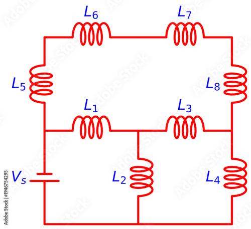 Inductor Network Circuit with Multiple Inductors and Voltage Source, Electrical Engineering Schematic Diagram for Inductance Analysis, Electronics and Physics Education Illustration