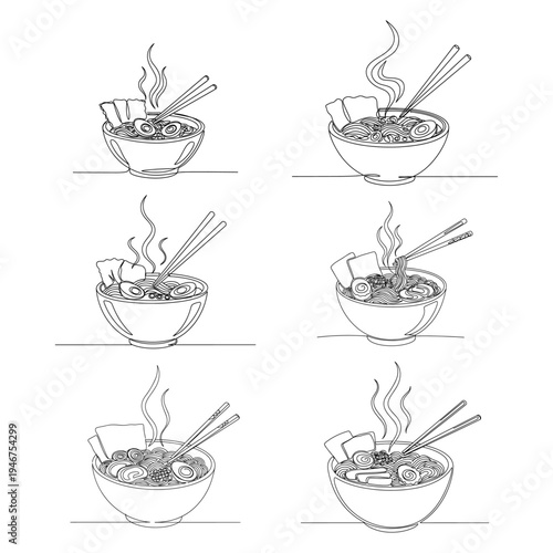 Six illustrations of a person eating ramen with chopsticks in a bowl