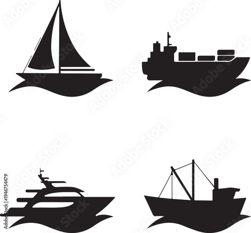 Four distinct types of ships sailing on calm waters Vector