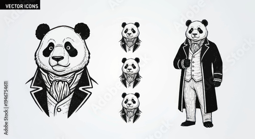 Panda wearing a suit and coat illustration.