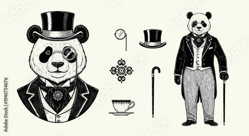Elegant Panda Dressed in Formal Attire with Accessories.