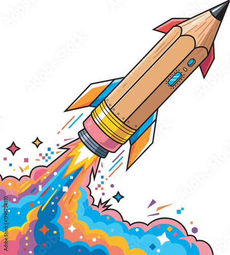Manual Traced -  Pencil Rocket Launching with Creative Smoke Trail Vector.