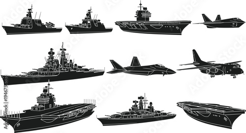 Military naval ship and aircraft silhouette vector illustration set featuring warships, aircraft carriers, fighter jets, and transport planes, creative resource for defense, combat, and educational 