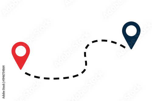 Route icon with two points, dotted path and location pins, travel vector illustration, start to destination concept, navigation, map route, and journey tracking icon isolated on white background.