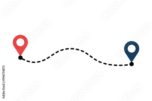 Route icon with two points, dotted path and location pins, travel vector illustration, start to destination concept, navigation, map route, and journey tracking icon isolated on white background.