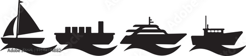 Four distinct types of vessels sailing on wavy waters Vector