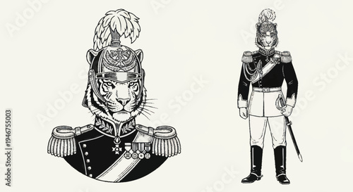 Tiger in Military Uniform and Soldier Illustration.