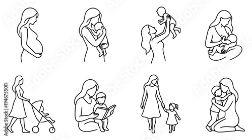 Minimalist Motherhood Icon Set Showing Pregnancy Breastfeeding Stroller and Parenting Stages Line Art
