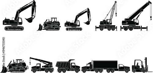 Set of construction and industrial vehicle black silhouette vector illustrations including excavator crane bulldozer dump truck and forklift icons isolated on white background for logistics design.