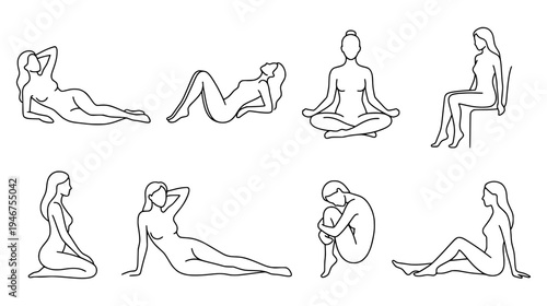 Minimalist line art collection of women in various sitting and reclining poses for wellness branding