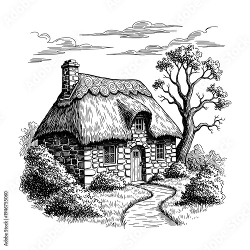 Quaint countryside cottage nestled beside a winding path and leafless tree