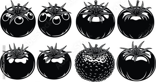 Set of Fresh Tomato Vector Silhouettes Featuring Various Shapes and Textures Including Cherry Tomatoes and Heirloom Varieties Isolated on White Background for Culinary Design.