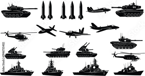 Silhouettes of diverse military vehicles and equipment including tanks, missiles, airplanes, helicopters, and naval warships showcasing modern defense hardware isolated on white background
