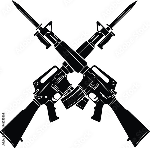 Two Crossed M16 Assault Rifles Silhouette with Bayonets Attached Vector Illustration for Military Emblem Tactical Combat Symbol and Army Veteran Memorial Design Template