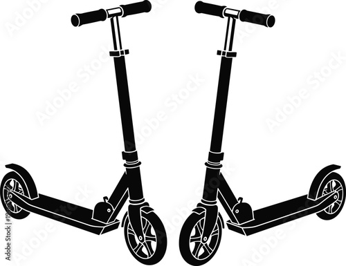 Two black kick scooter silhouettes isolated on white background modern urban micro mobility transport for kids and adults outdoor play fitness and eco friendly commuting