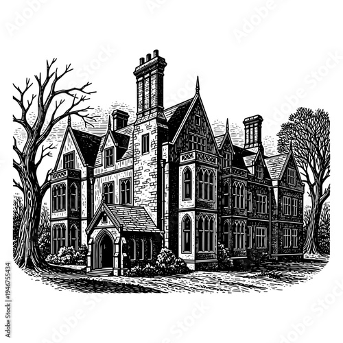 Historic gothic revival mansion in a serene park setting