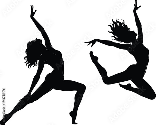 Two female dancer silhouettes in dynamic contemporary dance poses isolated on white background, expressive movement and artistic performance concept for fitness and choreography design.