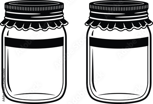Two mason jars with rustic lids and blank black labels, vintage glass containers for homemade jam, preserves, or kitchen storage vector illustration (24 words)