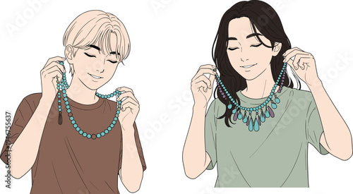 Two Young People Man and Woman Trying on Handcrafted Turquoise and Purple Bead Necklaces for Fashion Accessories Jewelry Retail Shopping and Lifestyle Illustration