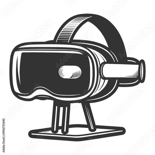 virtual reality headset device, immersive VR technology, digital experiences, gaming, and futuristic computing interfaces sketch engraving generative ai vector illustration. Black and white image.