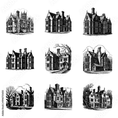 Elegant historical architectural sketches of grand european manors and estates