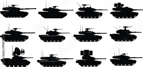 Tank silhouette vector illustration set featuring diverse armored vehicle designs with turrets, barrels, antennas, and missile launchers, creative resource for military, defense, and educational 