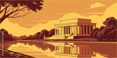 USA, US, U.S, United States - Lincoln Memorial Reflection Pool Sunrise Panorama | Dramatic Monument Architecture Landscape Wall Art Poster | Washington DC USA Patriotic Scenic Print