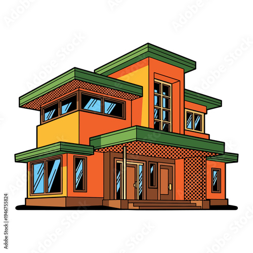 Vibrant two-story house with colorful geometric patterns and large windows