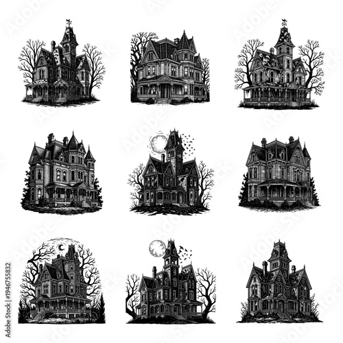 Nine hauntingly detailed gothic mansion illustrations in monochrome style
