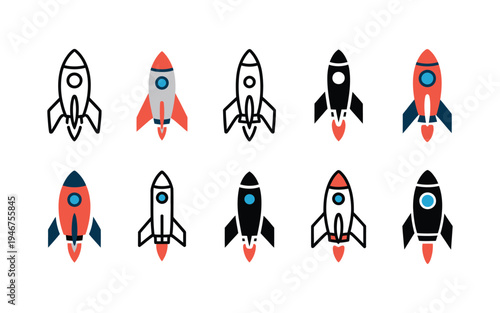 Rocket launch and startup icons, flat and line style, spaceship symbol, innovation, business growth, and technology vector illustration