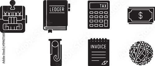 Black Solid Accounting Supply Silhouettes Set of Six on White Background