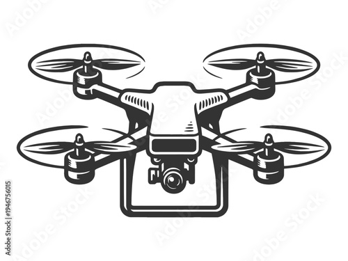quadcopter drone with camera, aerial photography, modern technology, surveillance, and unmanned aerial vehicles sketch engraving generative ai vector illustration. Scratch board. Black and white image