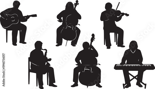 Black Solid Acoustic Sessions Silhouettes Set of Six on White Background