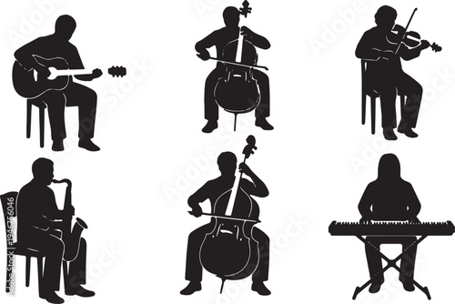 Black Solid Acoustic Sessions Silhouettes Set of Six on White Background