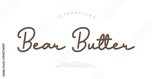 Bear Butter, Script font alphabet uppercase lowercase and number. Classic lettering minimal fashion designs. Typography modern serif fonts regular decorative vintage concept. Vector illustration
