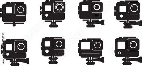 Black Solid Action Camera Silhouettes Set of Six on White Background