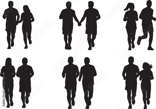 Black Solid Active Couples Running Silhouettes Set of Six