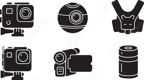 Black Solid Action Camera Silhouettes Set of Six on White Background