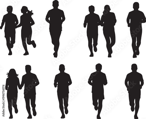Black Solid Active Couples Running Silhouettes Set of Six