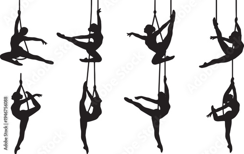 Black Solid Aerial Dance Silhouettes Set of Six on White Background