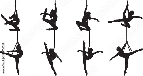 Black Solid Aerial Dance Silhouettes Set of Six on White Background