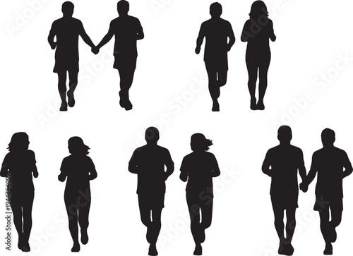 Black Solid Active Couples Running Silhouettes Set of Six