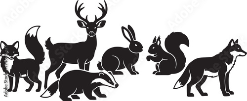 Black Solid Alert Woodland Mammals Rabbits and Squirrels Set of Six on White Background