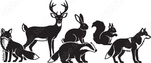 Black Solid Alert Woodland Mammals Rabbits and Squirrels Set of Six on White Background