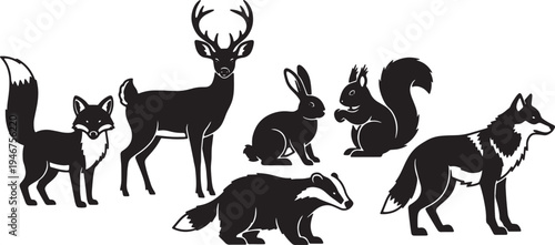 Black Solid Alert Woodland Mammals Rabbits and Squirrels Set of Six on White Background